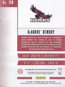 2016 Panini Contenders Draft Picks - College Ticket Autographs #118 DeAndre' Bembry Back