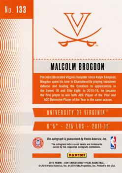 2016 Panini Contenders Draft Picks - College Ticket Autographs #133 Malcolm Brogdon Back