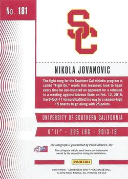 2016 Panini Contenders Draft Picks - College Ticket Autographs #181 Nikola Jovanovic Back