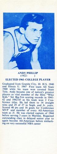 1968-74 NBA Hall of Fame Bookmarks #NNO Andy Phillip Front