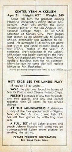 1950-51 Scott's Potato Chips Minneapolis Lakers #NNO Vern Mikkelsen Back