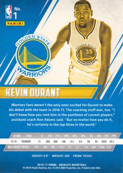 2016-17 Panini Absolute #1 Kevin Durant Back