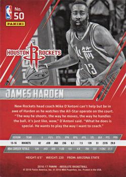 2016-17 Panini Absolute #50 James Harden Back