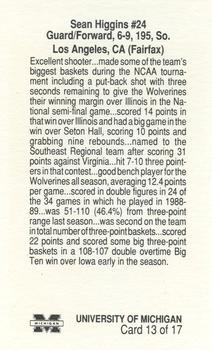 1989-90 Michigan Wolverines #13 Sean Higgins Back