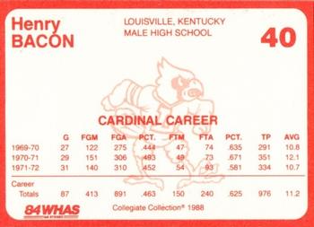 1988-89 Louisville Cardinals Collegiate Collection #40 Henry Bacon Back
