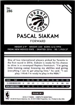 2016-17 Panini Complete #286 Pascal Siakam Back