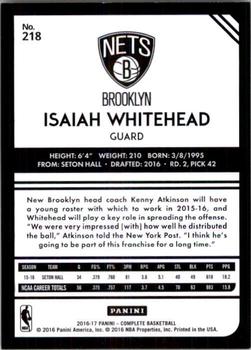 2016-17 Panini Complete - Silver #218 Isaiah Whitehead Back