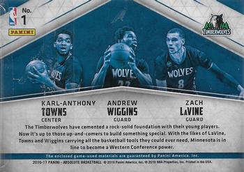 2016-17 Panini Absolute - Team Trios #1 Karl-Anthony Towns / Zach LaVine / Andrew Wiggins Back