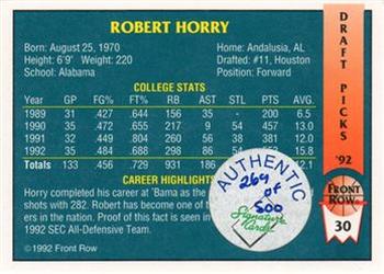 1992 Front Row Draft Picks - Signature Series #30 Robert Horry Back