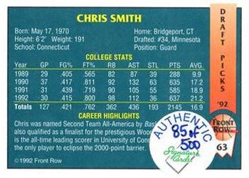 1992 Front Row Draft Picks - Signature Series #63 Chris Smith Back