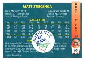 1992 Front Row Draft Picks - Signature Series #65 Matt Steigenga Back