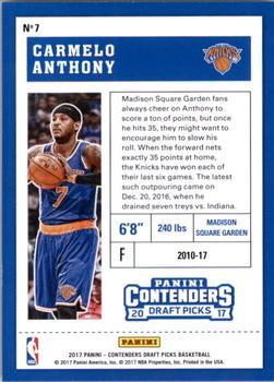 2017 Panini Contenders Draft Picks #7 Carmelo Anthony Back