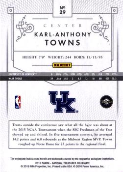 2016 Panini National Treasures Collegiate - Gold #29 Karl-Anthony Towns Back