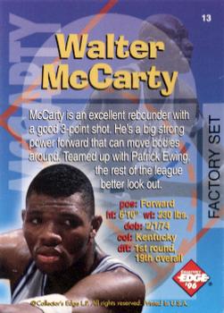 1996 Collector's Edge Rookie Rage - Radical Recruits Holofoil Factory Set #13 Walter McCarty Back