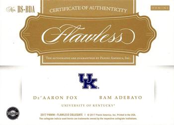 2017 Panini Flawless Collegiate - Flawless Dual Signatures Sapphire #DS-BDA De'Aaron Fox / Bam Adebayo Back