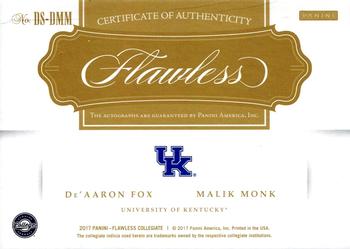 2017 Panini Flawless Collegiate - Flawless Dual Signatures Gold #DS-DMM Malik Monk / De'Aaron Fox Back