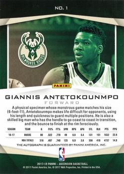 2017-18 Panini Ascension - Autographs #1 Giannis Antetokounmpo Back