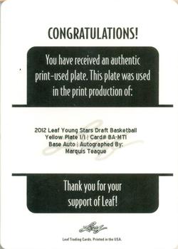 2012-13 Leaf Retail - Printing Plates Yellow #BA-MT1 Marquis Teague Back