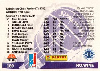 1994-95 Panini LNB (France) #180 Roanne (Roster) Back