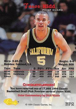 1994 Classic Draft - Basketball Previews #BP2 Jason Kidd Back