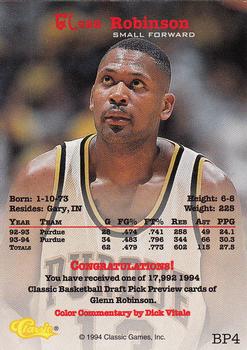 1994 Classic Draft - Basketball Previews #BP4 Glenn Robinson Back