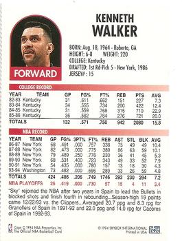 1994 Hoops Washington Bullets Team Night Sheet SGA #NNO Kenny Walker Back