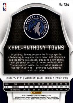 2018-19 Panini Certified #134 Karl-Anthony Towns Back
