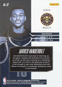 2018-19 Panini Absolute Memorabilia #92 Jarred Vanderbilt Back