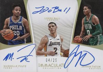 2017-18 Panini Immaculate Collection - Triple Autographs #T-TOP3 Jayson Tatum / Lonzo Ball / Markelle Fultz Front