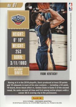 2018-19 Panini Contenders - Conference Finals Ticket #81 Anthony Davis Back