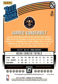 2018-19 Donruss Optic - Rated Rookies Signatures Purple #151 Jarred Vanderbilt Back