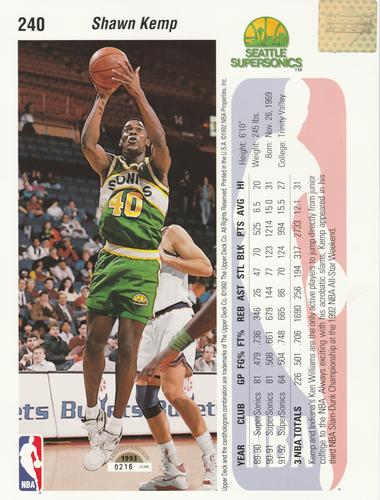 1992-93 Upper Deck Authenticated Collector Series Jumbo #240 Shawn Kemp Back