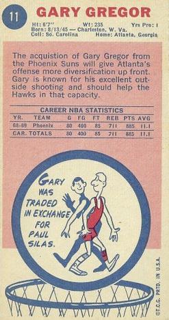 1969-70 Topps #11 Gary Gregor Back