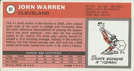 1970-71 Topps #91 John Warren Back