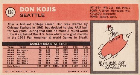 1970-71 Topps #136 Don Kojis Back