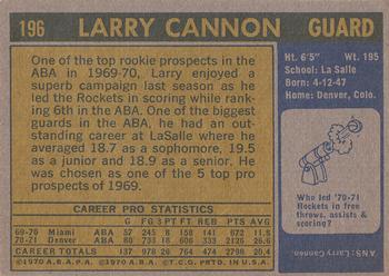 1971-72 Topps #196 Larry Cannon Back