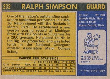 1971-72 Topps #232 Ralph Simpson Back