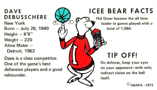 1972 Icee Bear #NNO Dave DeBusschere Back