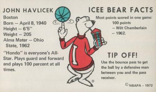 1972 Icee Bear #NNO John Havlicek Back