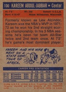 1972-73 Topps #100 Kareem Abdul-Jabbar Back