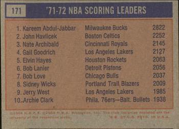 1972-73 Topps #171 1971-72 NBA Scoring Leaders (Kareem Abdul-Jabbar / John Havlicek / Nate Archibald) Back