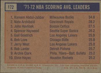 1972-73 Topps #172 1971-72 NBA Scoring Avg. Leaders (Kareem Abdul-Jabbar / Nate Archibald / John Havlicek) Back