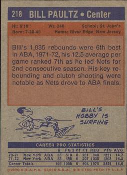 1972-73 Topps #218 Billy Paultz Back