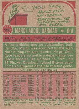1973-74 Topps #128 Mahdi Abdul-Rahman Back