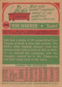 1973-74 Topps #196 Bob Warren Back