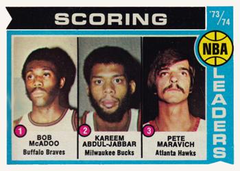 1974-75 Topps #144 NBA '73-74 Scoring Leaders (Bob McAdoo / Kareem Abdul-Jabbar / Pete Maravich) Front