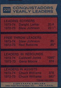 1974-75 Topps #228 San Diego Conquistadors Team Leaders (Dwight Lamar / Stew Johnson / Caldwell Jones / Chuck Williams) Back