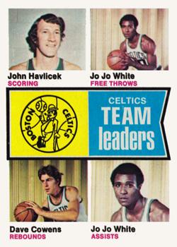 1974-75 Topps #82 Boston Celtics Team Leaders (John Havlicek / Jo Jo White / Dave Cowens) Front