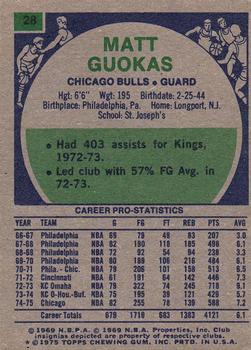 1975-76 Topps #28 Matt Guokas Back