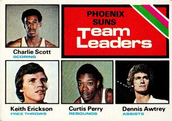 1975-76 Topps #130 Phoenix Suns Team Leaders (Charlie Scott / Keith Erickson / Curtis Perry / Dennis Awtrey) Front